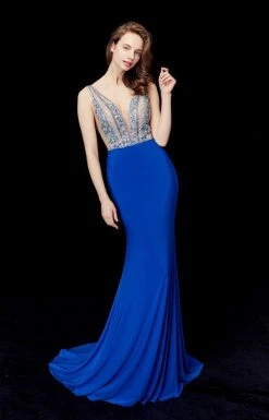 Angela & Alison - 72061 Plunging Neck Beaded Mermaid Gown Formal Gowns