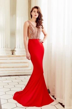 Angela & Alison - 72061 Plunging Neck Beaded Mermaid Gown Formal Gowns