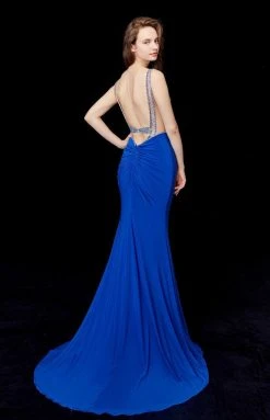 Angela & Alison - 72061 Plunging Neck Beaded Mermaid Gown Formal Gowns
