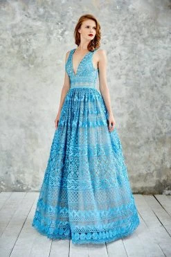 Angela & Alison - 771004 Sophisticated V-Neck Laced Ball Gown Formal Gowns 9 Angela & Alison - 771004 Sophisticated V-Neck Laced Ball Gown Formal Gowns