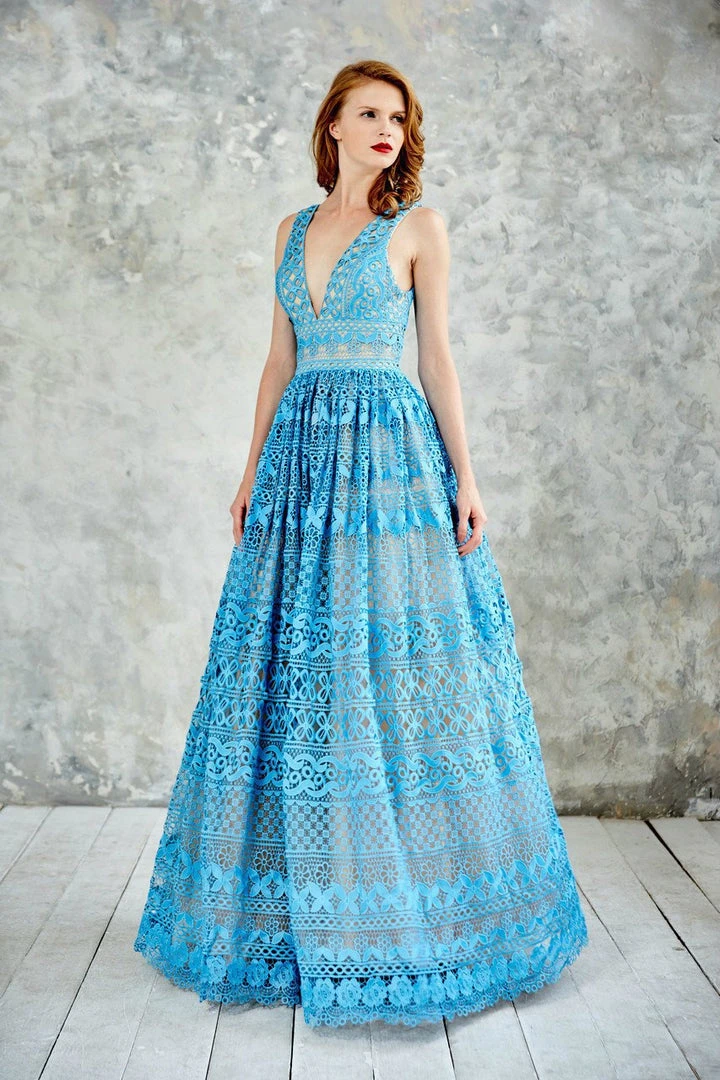 Angela & Alison - 771004 Sophisticated V-Neck Laced Ball Gown Formal Gowns 6 Angela & Alison - 771004 Sophisticated V-Neck Laced Ball Gown Formal Gowns