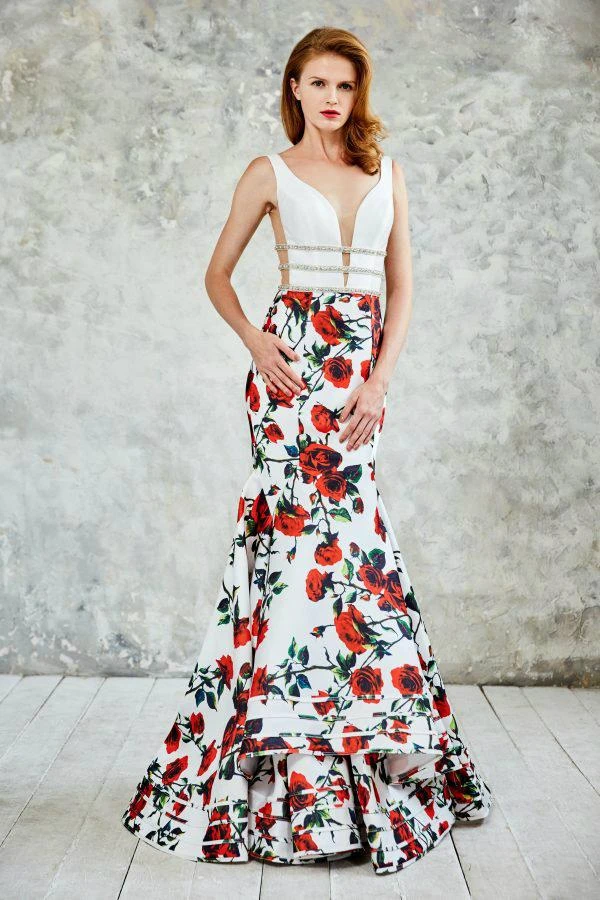 Formal Gowns Angela & Alison - 771030 Floral Print V-Neck Cutout Long Evening Gown 3 Formal Gowns Angela & Alison - 771030 Floral Print V-Neck Cutout Long Evening Gown
