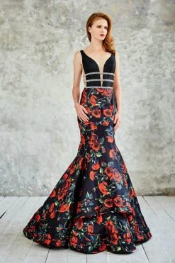 Formal Gowns Angela & Alison - 771030 Floral Print V-Neck Cutout Long Evening Gown 6 Formal Gowns Angela & Alison - 771030 Floral Print V-Neck Cutout Long Evening Gown