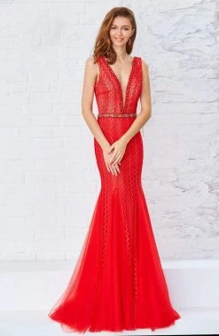 Angela & Alison - 771142 Laced And Beaded Deep V Neck Fit And Flare Gown Formal Gowns