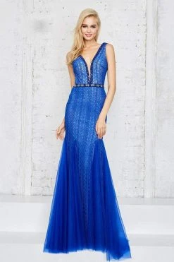 Angela & Alison - 771142 Laced And Beaded Deep V Neck Fit And Flare Gown Formal Gowns