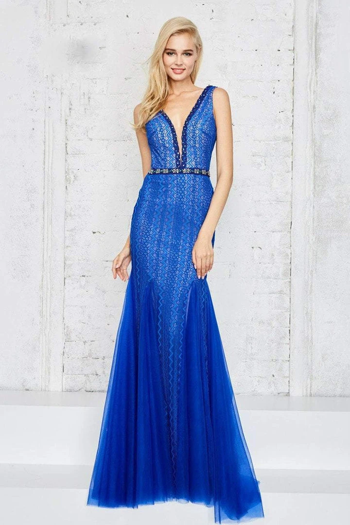 Angela & Alison - 771142 Laced And Beaded Deep V Neck Fit And Flare Gown Formal Gowns 4 Angela & Alison - 771142 Laced And Beaded Deep V Neck Fit And Flare Gown Formal Gowns