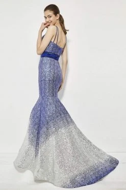 Formal Gowns Angela & Alison - 81008 Two-Toned Sequin Ornate Trumpet Gown