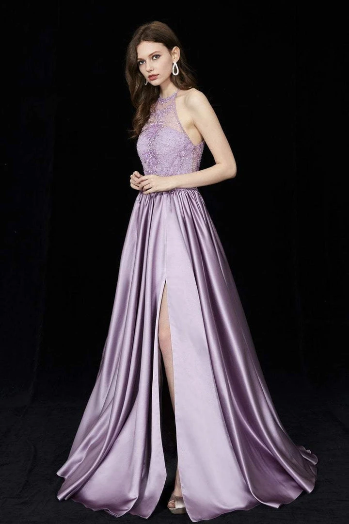 Angela & Alison - 81015 Ornate Illusion High Halter High Slit Gown 4 Angela & Alison - 81015 Ornate Illusion High Halter High Slit Gown