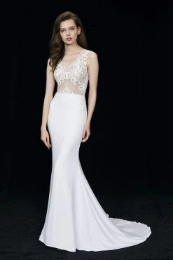 Angela & Alison - 81017 Sleeveless Embroidered Illusion Sheath Gown