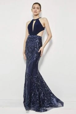 Formal Gowns Angela & Alison - 81020 High Halter Multi-Cutout Sequined Gown