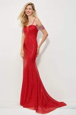 Angela & Alison - 81021 Bejeweled Off Shoulder Glitter Sheath Gown Formal Gowns