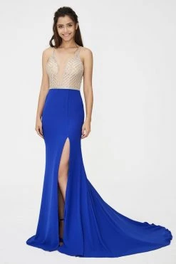 Formal Gowns Angela & Alison - 81060 Bejeweled Deep V-neck Sheath Dress