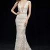 Formal Gowns Angela & Alison - 81064 Embroidered Deep V-neck Sheath Dress