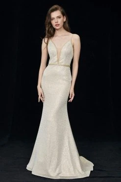 Formal Gowns Angela & Alison - 81086 Embellished Deep V-neck Trumpet Dress