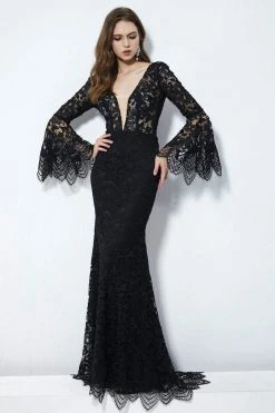 Angela & Alison - 81142 Long Bell Sleeves Fitted Lace Gown Formal Gowns