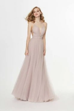 Angela & Alison - 91036 Rhinestone Criscross Waistband Illusion Plunging Soft Net Gown - 2 Pcs Rum Pink In Sizes 14 And 18 Available