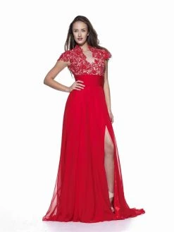 Formal Gowns Angela & Alison - 951009 Lace Cap Sleeve High Slit Long Dress