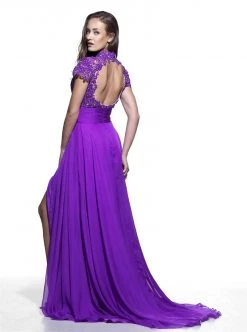 Formal Gowns Angela & Alison - 951009 Lace Cap Sleeve High Slit Long Dress