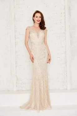 Angela & Alison - 971133 Cap Sleeve Sheer Embellished Evening Gown