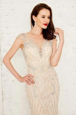 Angela & Alison - 971133 Cap Sleeve Sheer Embellished Evening Gown