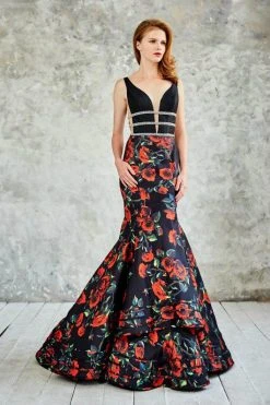 Angela & Alison Floral Print V-Neck Cutout Illusion Long Evening Gown 771030 Formal Gowns