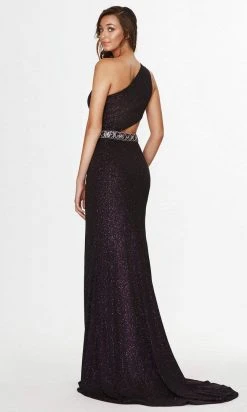 Formal Gowns Angela & Alison - Long One Shoulder Glitter Gown 91018 - 1 Pc Deep Purple In Size 12 Available