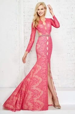Angela & Alison Long Sleeve Illusion Lace High Slit Gown - 1 Pc Fuchsia In Size 2 Available