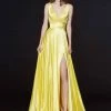 Angela & Alison - Ruched Plunging V-Neck Gown With Slit 91041 - 1 Pc Yellow In Size 4 Available Formal Gowns