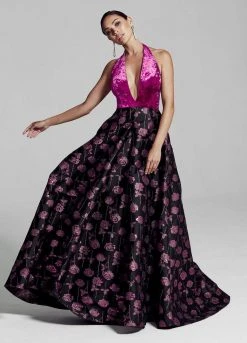 Formal Gowns Ashley Lauren - 1296 Velvet Deep Halter Brocade Ballgown