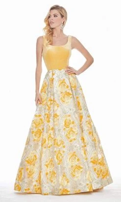 Ashley Lauren - 1345 Sleeveless Velvet Bodice Metallic Brocade Ballgown - 1 Pc Yellow/Multi In Size 4 Available Formal Gowns