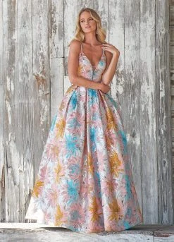 Ashley Lauren - 1369 Deep V-neck Brocade Pleated Ballgown Dress Formal Gowns