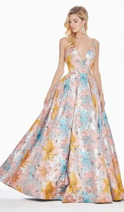 Ashley Lauren - 1369 Deep V-neck Brocade Pleated Ballgown Dress Formal Gowns