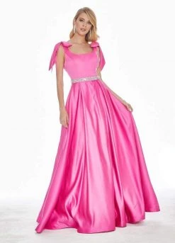 Ashley Lauren - 1383 Bow Accent Shoulder V Back A-Line Satin Gown