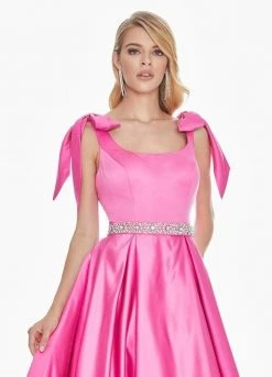 Ashley Lauren - 1383 Bow Accent Shoulder V Back A-Line Satin Gown 11 Ashley Lauren - 1383 Bow Accent Shoulder V Back A-Line Satin Gown