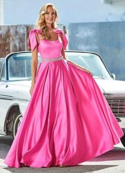 Ashley Lauren - 1383 Bow Accent Shoulder V Back A-Line Satin Gown 13 Ashley Lauren - 1383 Bow Accent Shoulder V Back A-Line Satin Gown