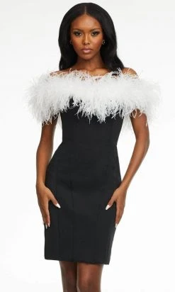 Ashley Lauren - Feather-Trimmed Cocktail Dress 4490 - 1 Pc White/Black In Size 12 Available Cocktail Dresses