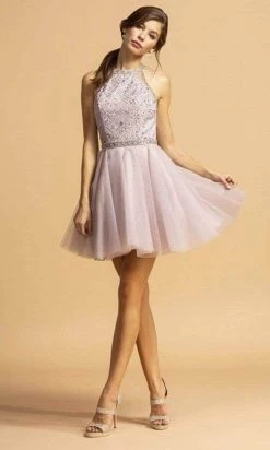 Cocktail Dresses Aspeed Design - Embellished Halter Tulle Cocktail Dress S2095 - 1 Pc Mauve In Size M Available
