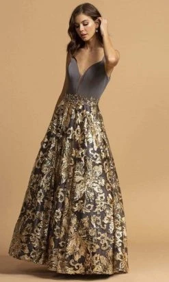 Aspeed Design - Sequin Embroidered Gown L2245 - 1 Pc Charcoal Gold In Size M Available Formal Gowns