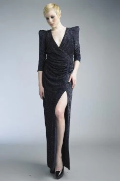 Basix - D5301L Puff Sleeve Plunging Surplice Sheath Gown Formal Gowns