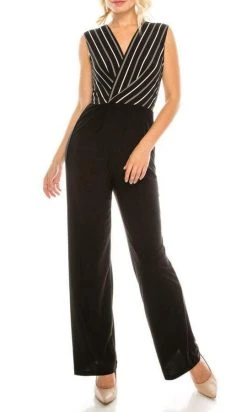 Formal Gowns Bebe - V-Neck Striped Surplice Bodice Long Jumpsuit 700888 - 1 Pc Black White In Size 2 Available