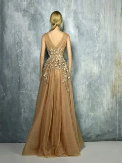 Edition Gemy Maalouf Beside Couture By Gemy Sheer Leaves Applique Tulle Gown BC1300