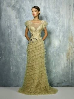 Edition Gemy Maalouf Beside Couture By Gemy Short Sleeves Beaded Tiered Gown BC1291