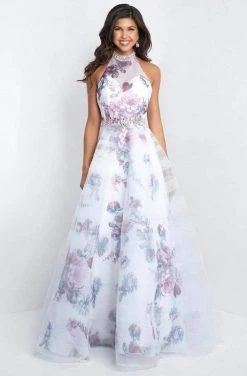 Blush By Alexia Designs Formal Gowns Blush - 5655 Floral Printed Halter Organza Gown With Tulle Overlay