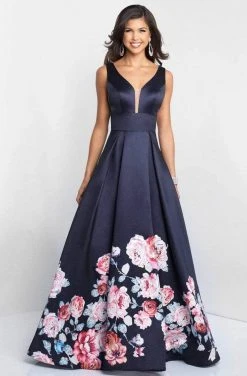 Blush By Alexia Designs Formal Gowns Blush - 5661 Plunging V-Neck Floral Printed Mikado Gown
