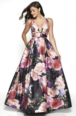 Blush By Alexia Designs - 11735 Plunging Floral Print Ballgown Formal Gowns