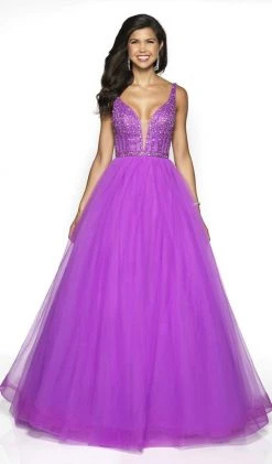 Formal Gowns Blush By Alexia Designs - 5707 Beaded Deep V-neck Tulle Ballgown