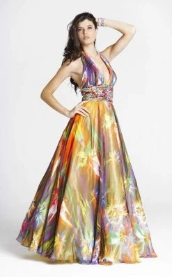 Blush By Alexia Designs - Plunging Halter Print Gown 5034 Formal Gowns