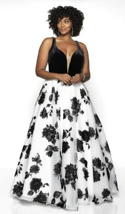 Blush By Alexia Designs Blush Too By Alexia - 5714W Plunging V-Neck Floral Ballgown