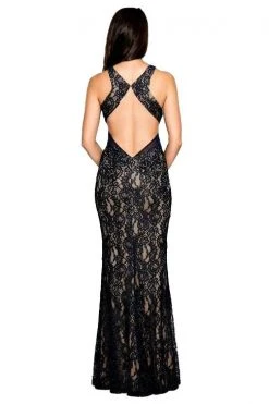 Cachet - 58250Z Black Embellished Lace Long Dress - 1 Pc Midnight Nude In Size 0 Available Formal Gowns