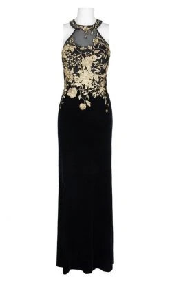 Formal Gowns Cachet - 59820 Gilt Floral Embroidered Illusion Halter Gown